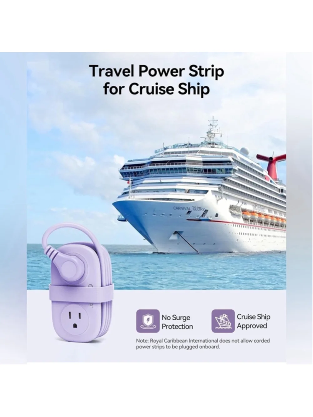 NEW 7-in-1 Power Strip USB-C Purple Travel Flat Plug Cruise Approved NIB